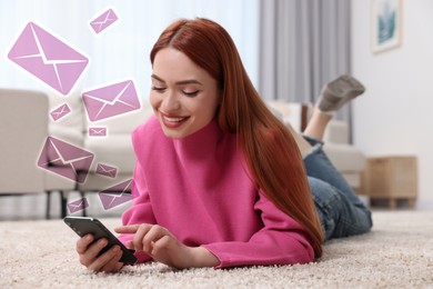 Image of Smiling woman with smartphone chatting indoors. Many illustrations of envelope as incoming messages over device