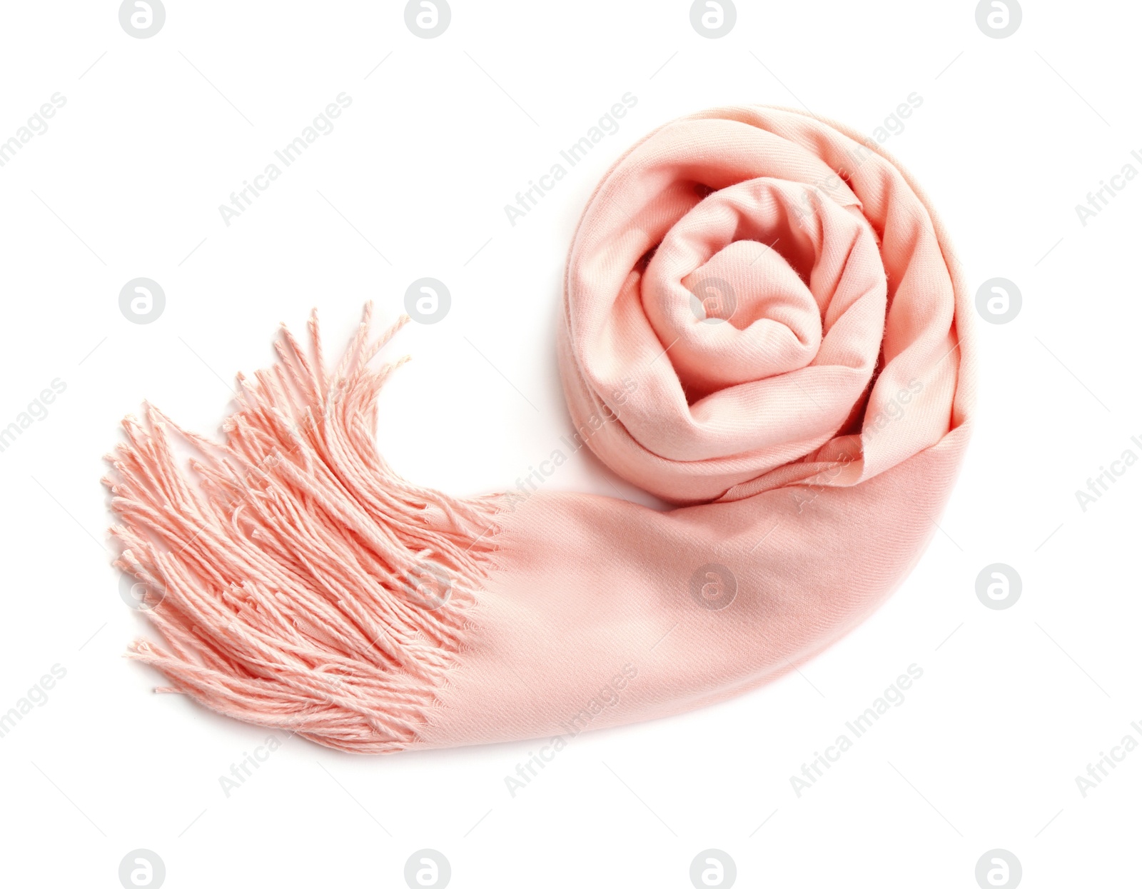 Image of Stylish rolled scarf on white background, top view