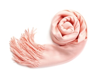 Image of Stylish rolled scarf on white background, top view