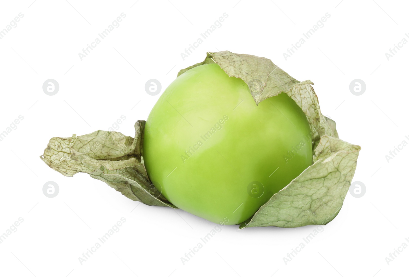 Photo of Fresh green tomatillo with husk isolated on white