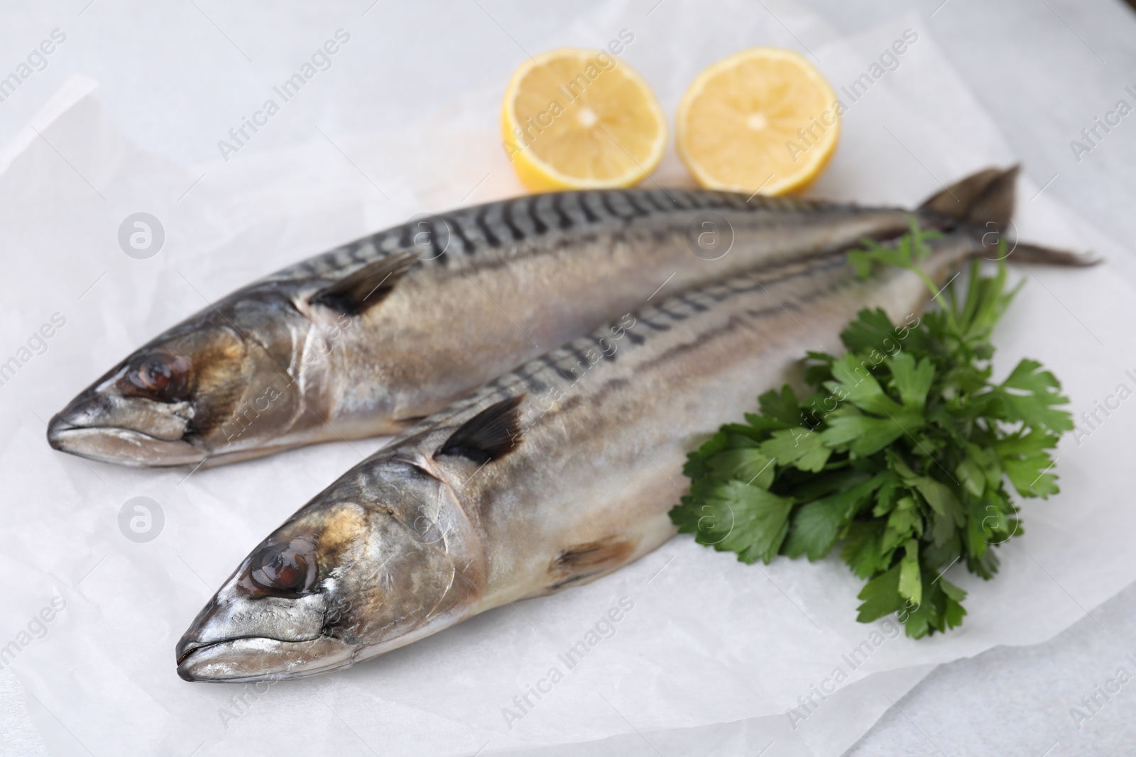 Photo of Tasty salted mackerels, parsley and cut lemons on white table, closeup