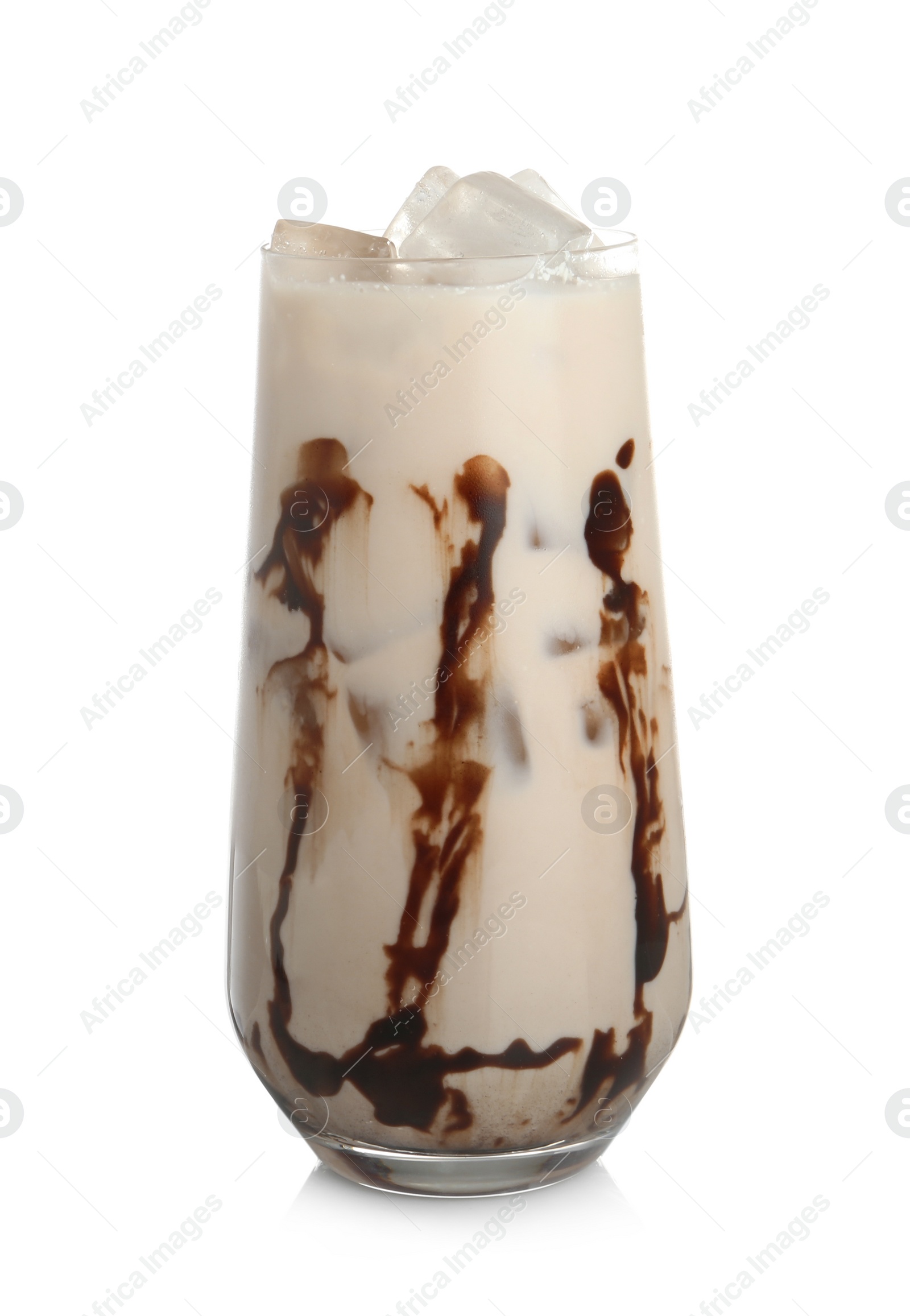 Photo of Tasty cocktail with ice cubes and chocolate isolated on white