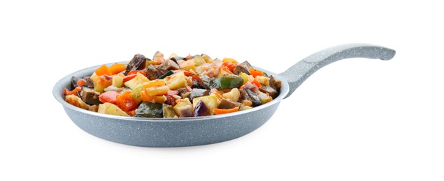 Photo of Delicious ratatouille in frying pan isolated on white
