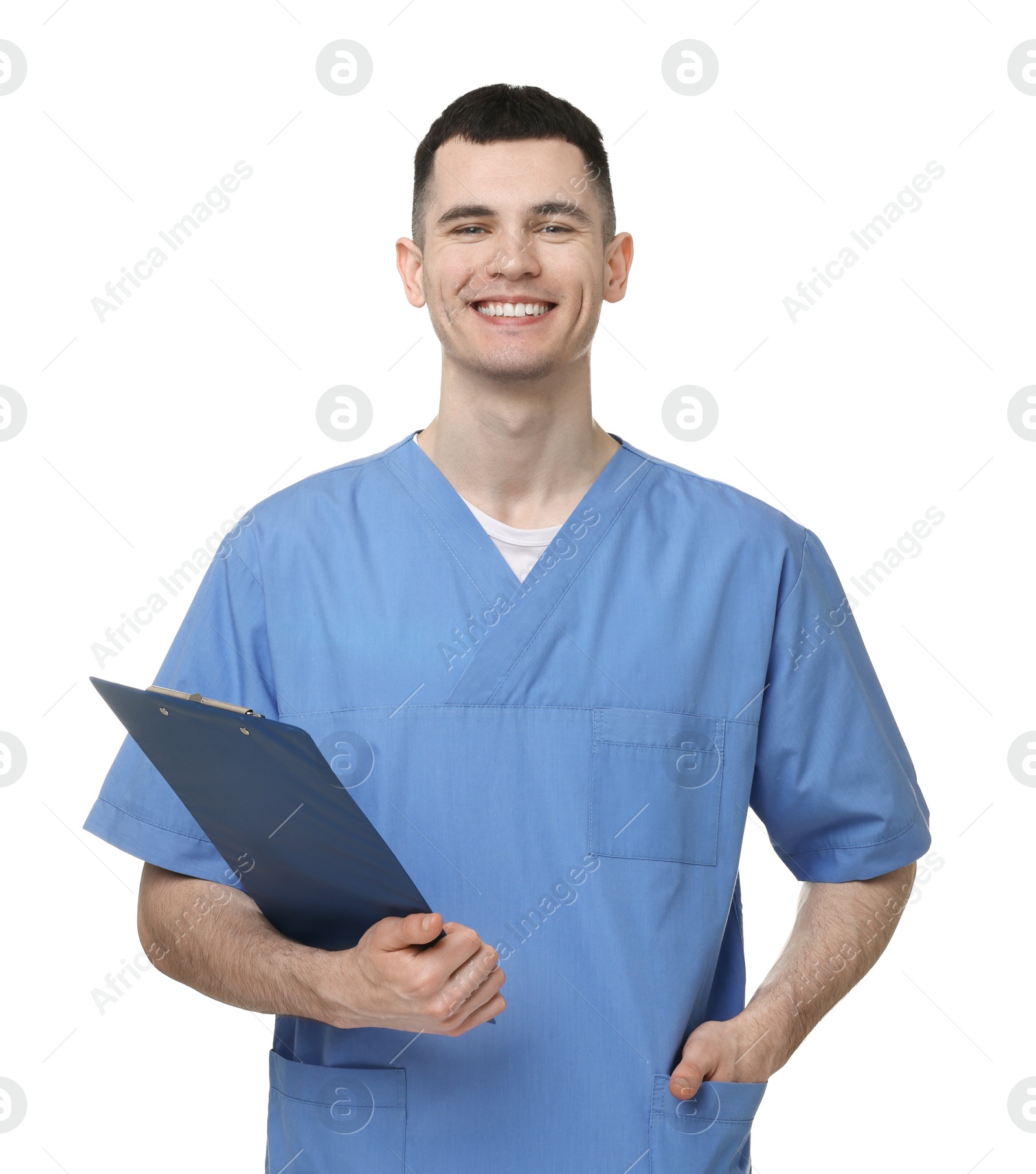 Photo of Portrait of smiling medical assistant with clipboard on white background