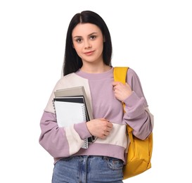 Student with notebooks and backpack on white background