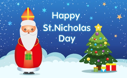 Illustration of Saint Nicholas and Christmas tree on blue background, illustration. Greeting card design