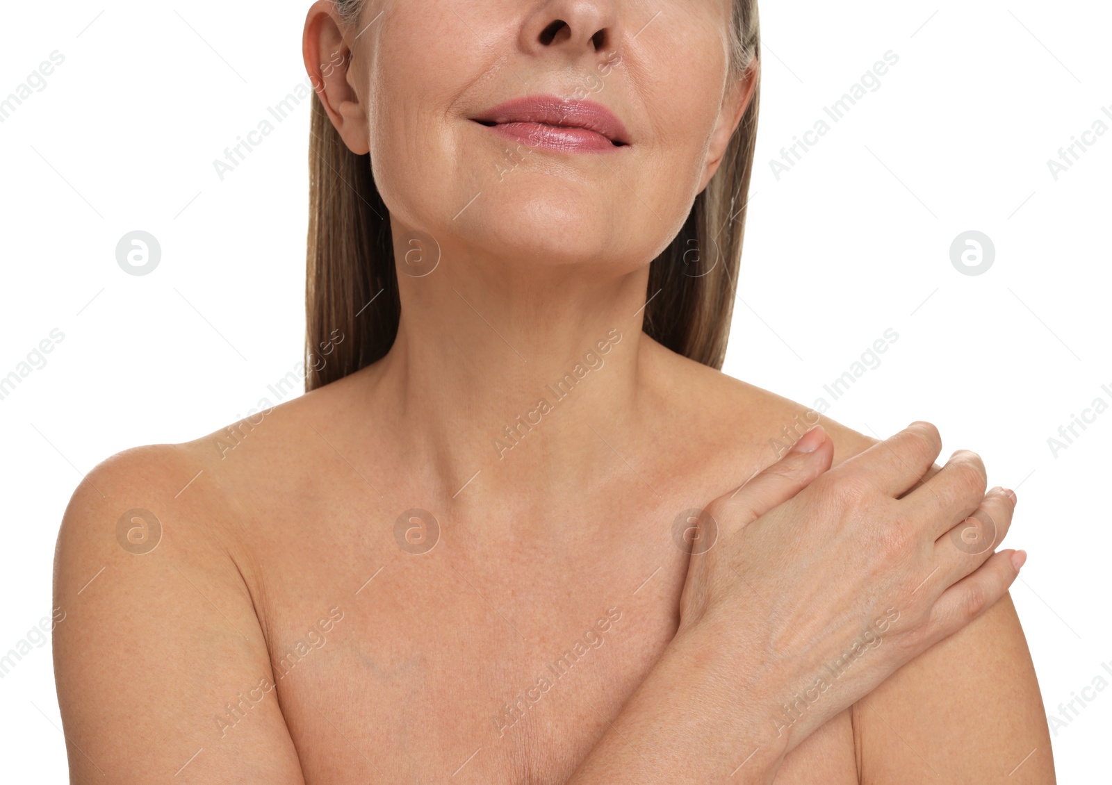 Photo of Mature woman with healthy skin on white background, closeup