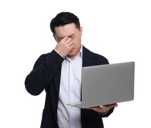 Photo of Tired businessman in suit with laptop on white background