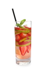 Photo of Tasty refreshing drink with strawberries on white background