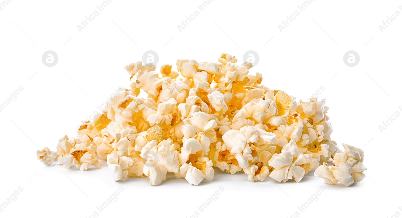 Photo of Pile of delicious fresh popcorn on white background