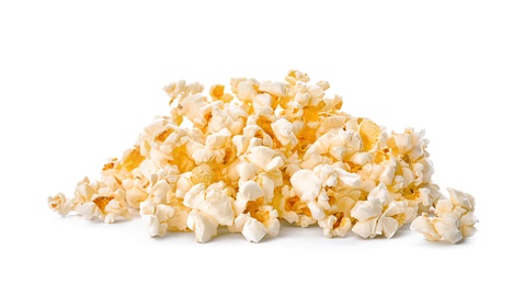 Pile of delicious fresh popcorn on white background