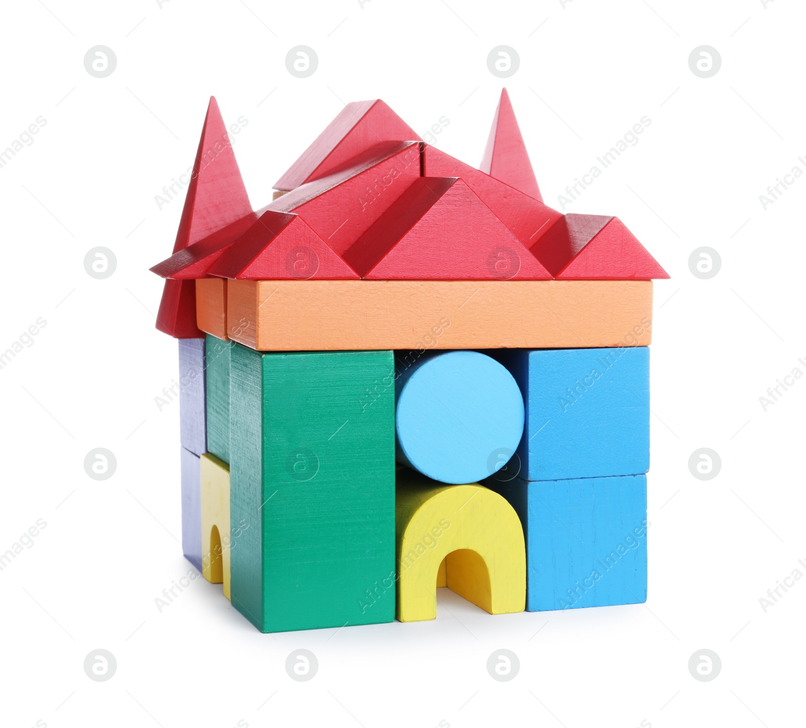 Photo of Colorful toy castle made of blocks isolated on white