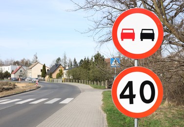 Traffic signs on city street, space for text