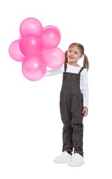 Cute girl with pink balloons on white background