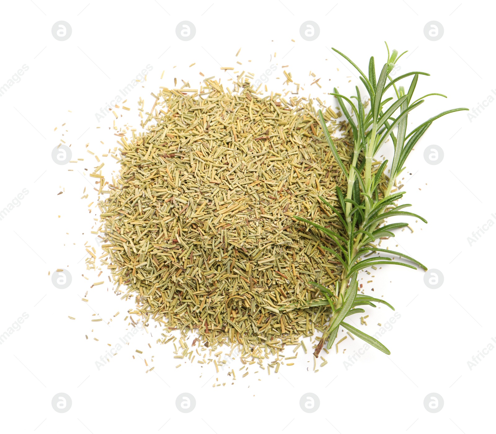Photo of Fresh and dry rosemary isolated on white, top view