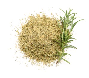 Photo of Fresh and dry rosemary isolated on white, top view