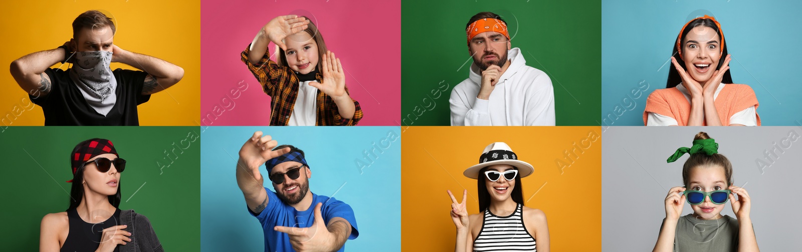 Image of Collage with photos of people wearing stylish bandanas on different color backgrounds. Banner design