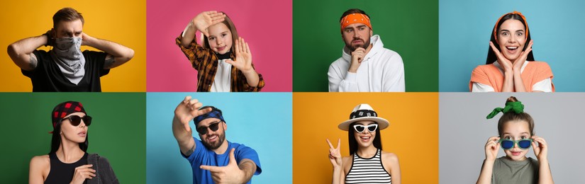 Image of Collage with photos of people wearing stylish bandanas on different color backgrounds. Banner design