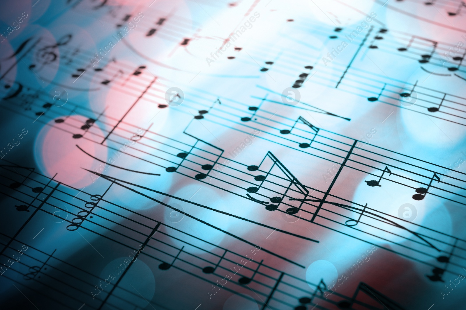 Image of Sheet with music notes as background, closeup. Color tone effect