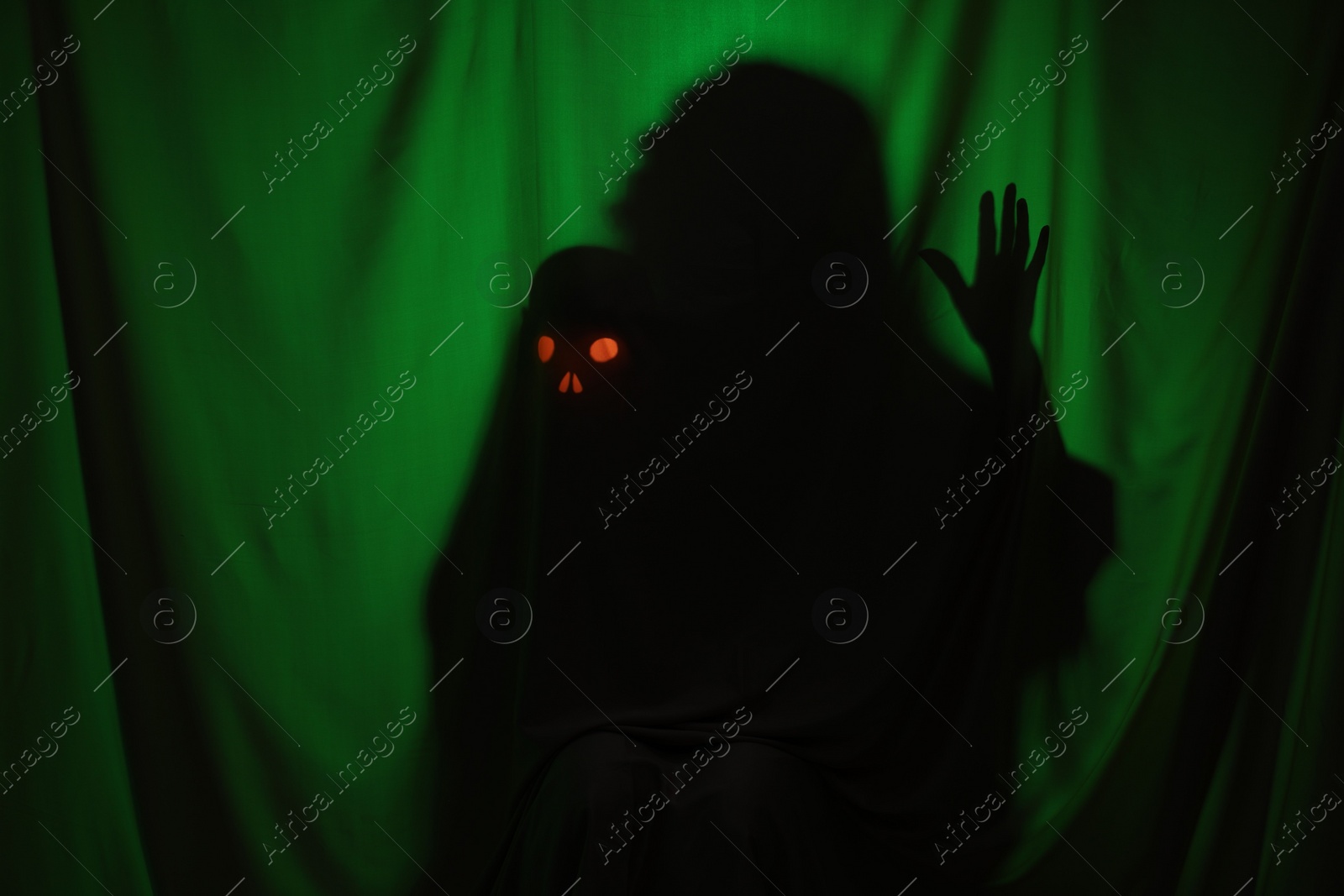 Photo of Silhouette of creepy ghost with skull behind dark green cloth