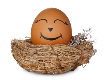 Photo of Egg with drawn happy face in nest isolated on white