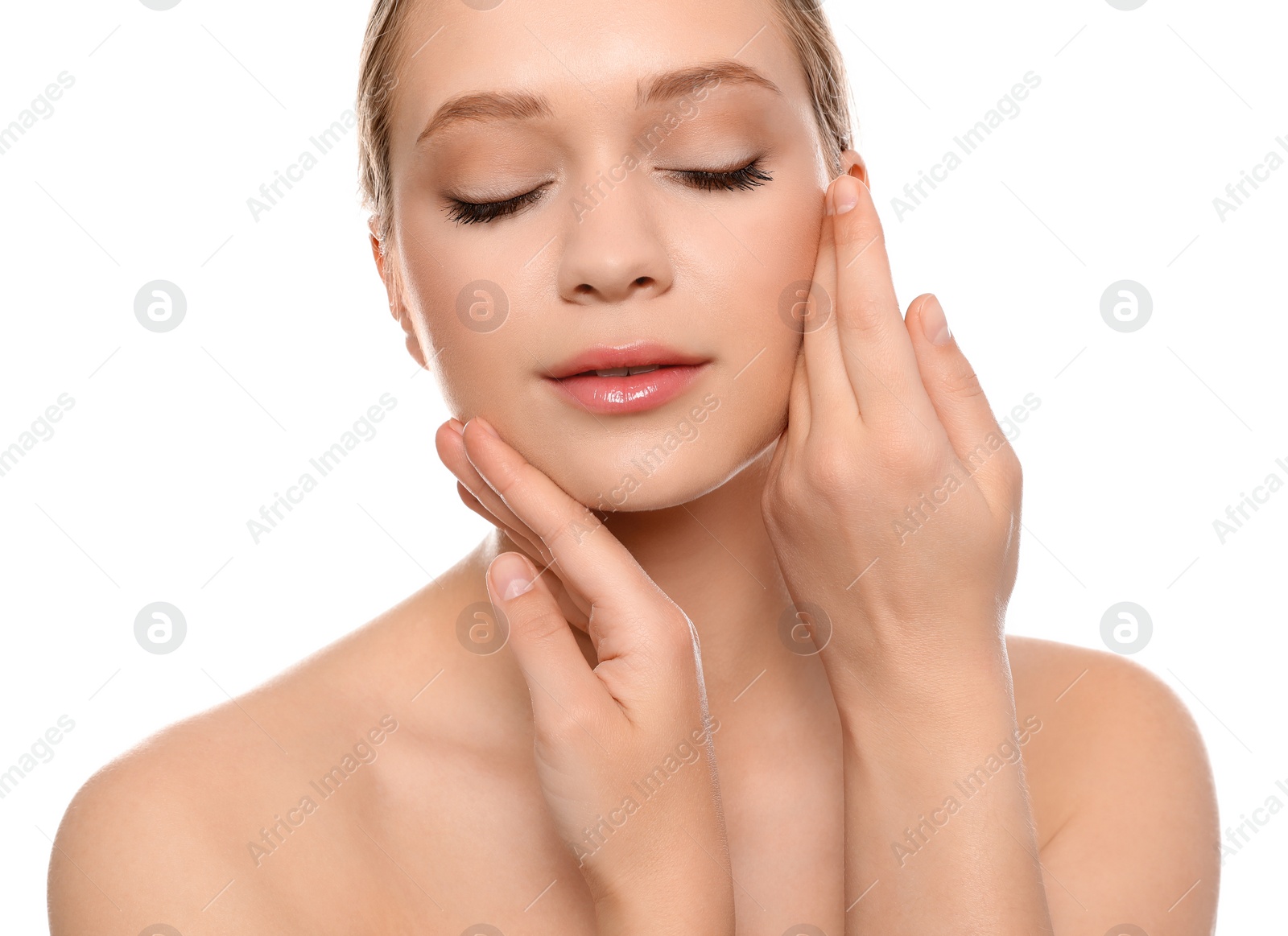 Photo of Portrait of young woman with beautiful face on white background, closeup