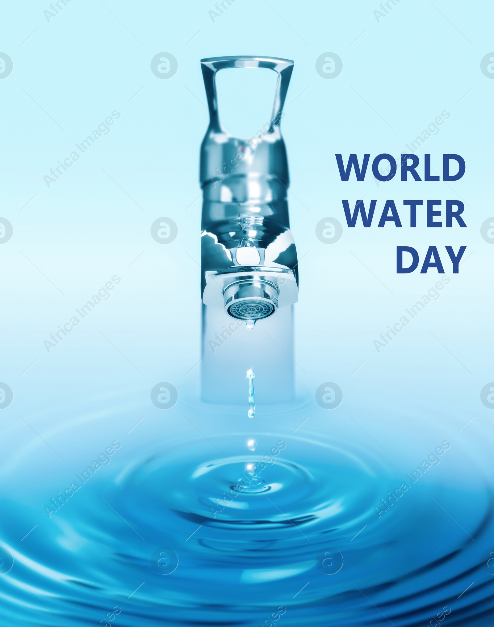 Image of World Water Day. Drop flowing from tap with splash on light background