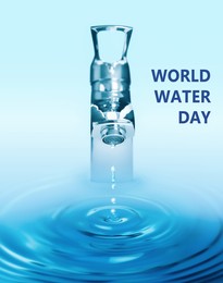 World Water Day. Drop flowing from tap with splash on light background