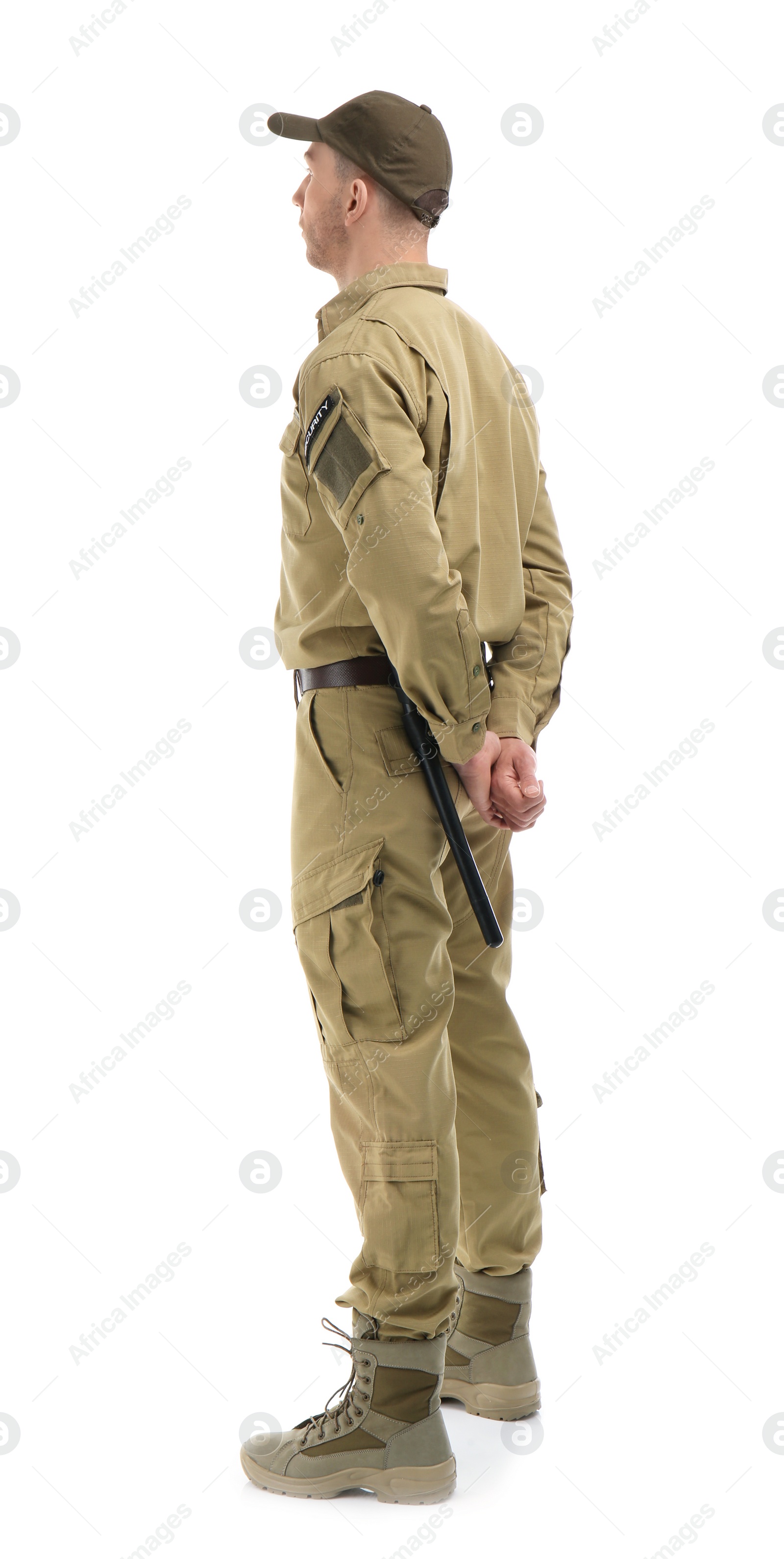 Photo of Male security guard in uniform on white background