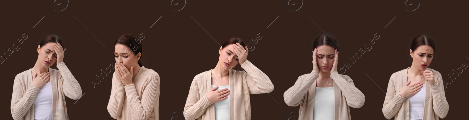 Image of Collage with photos of woman with cold symptoms on brown background. Banner design