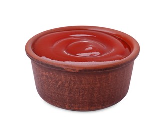 Photo of Bowl of tasty ketchup isolated on white. Tomato sauce