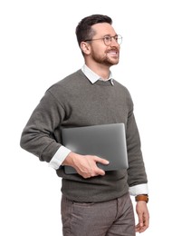 Photo of Handsome bearded businessman with laptop on white background