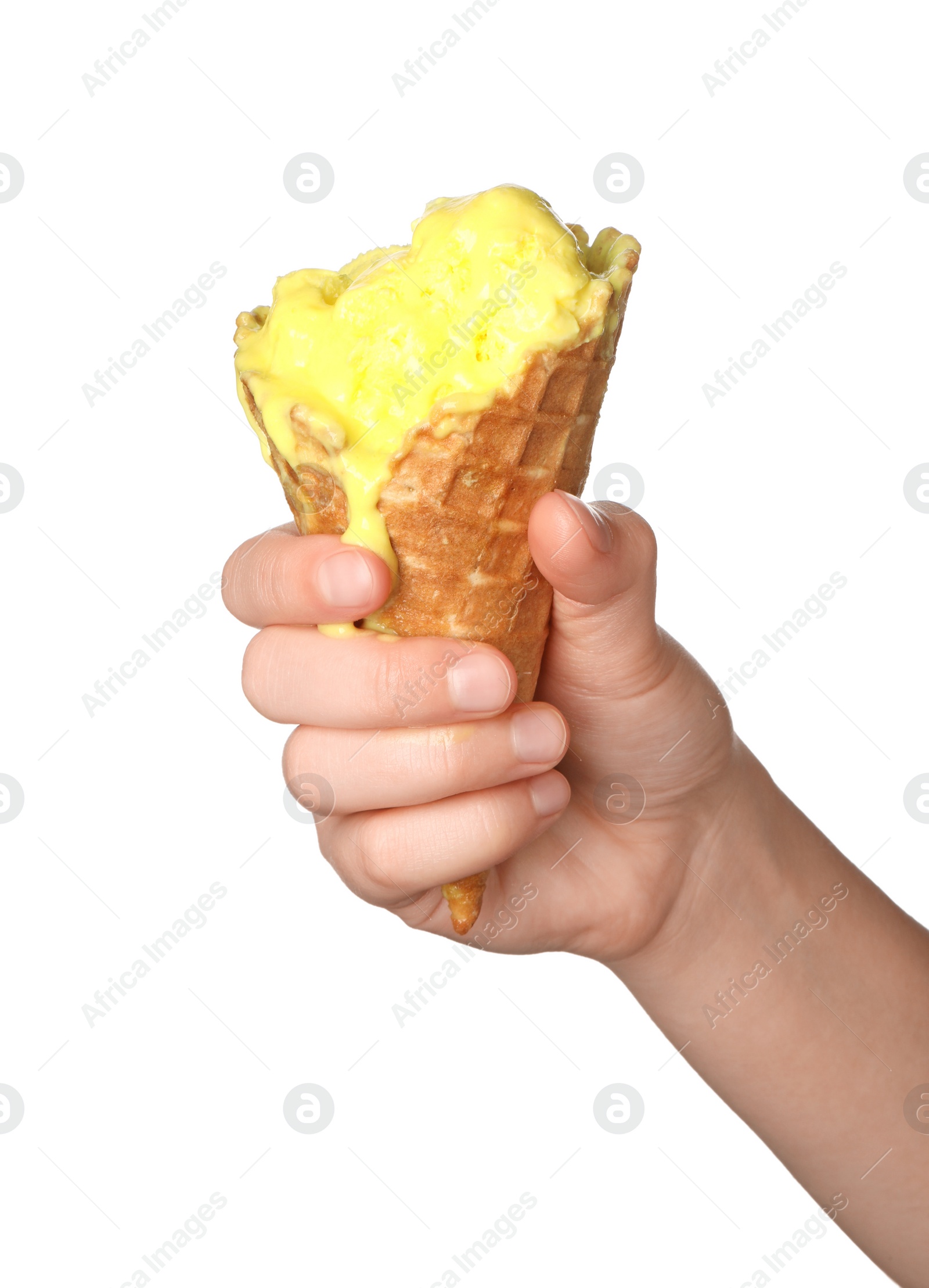 Photo of Woman holding melting ice cream on white background, closeup