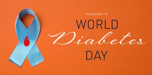 Image of World Diabetes Day. Light blue ribbon with paper blood drop on orange background, top view. Banner design