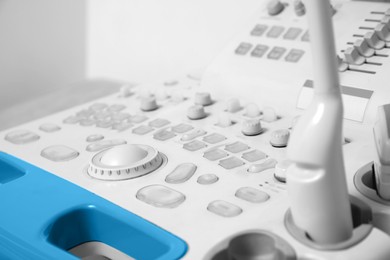 Photo of Ultrasound control panel indoors, closeup. Medical equipment