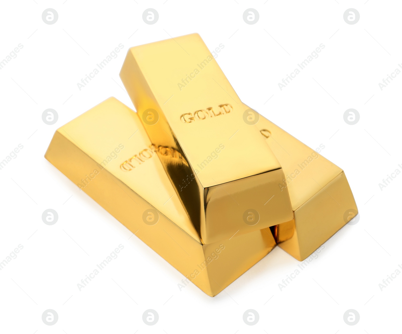 Photo of Precious shiny gold bars on white background