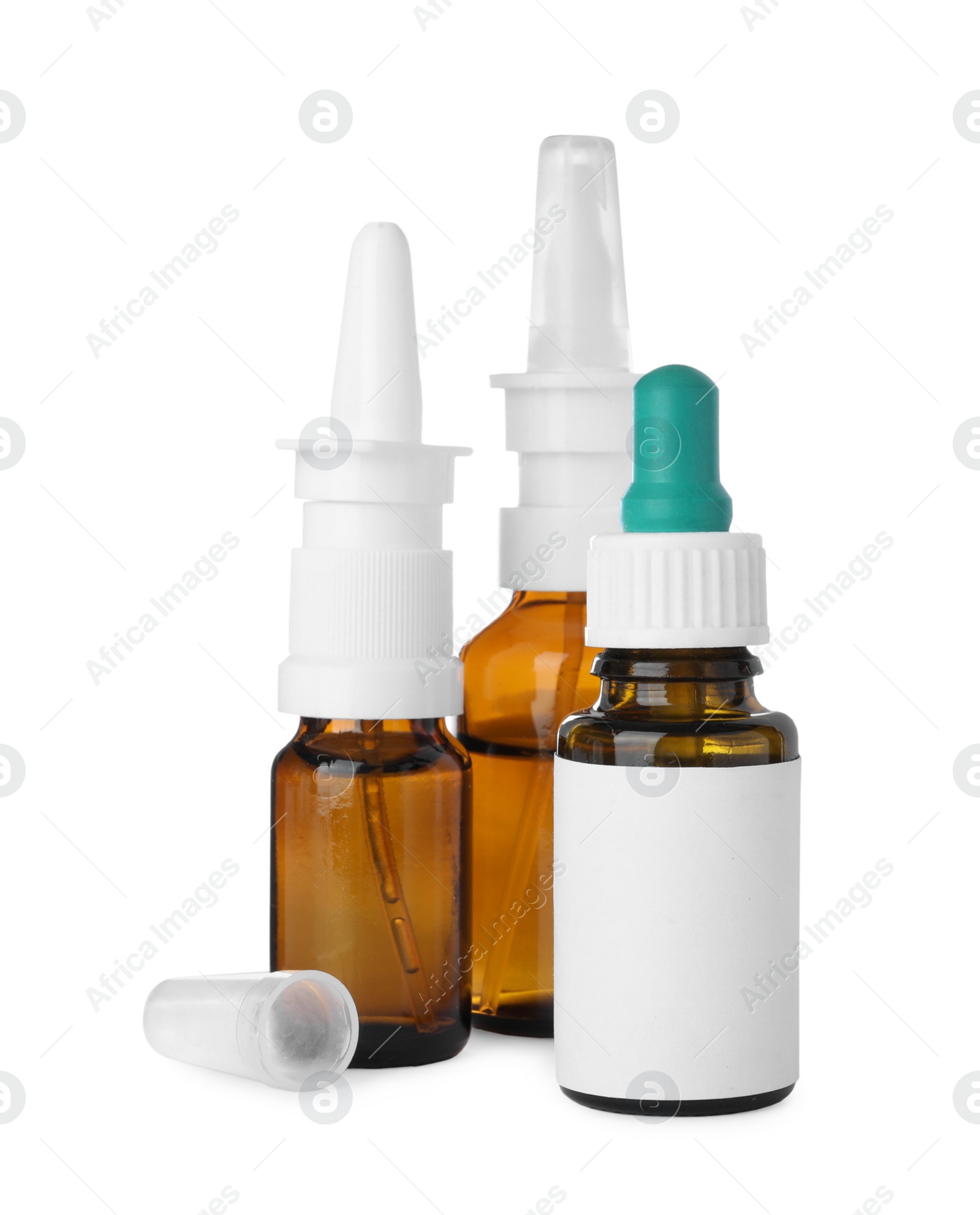 Photo of Many different nasal sprays on white background