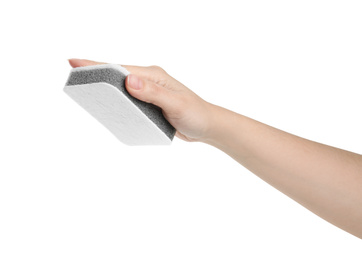 Photo of Woman with sponge on white background, closeup of hand