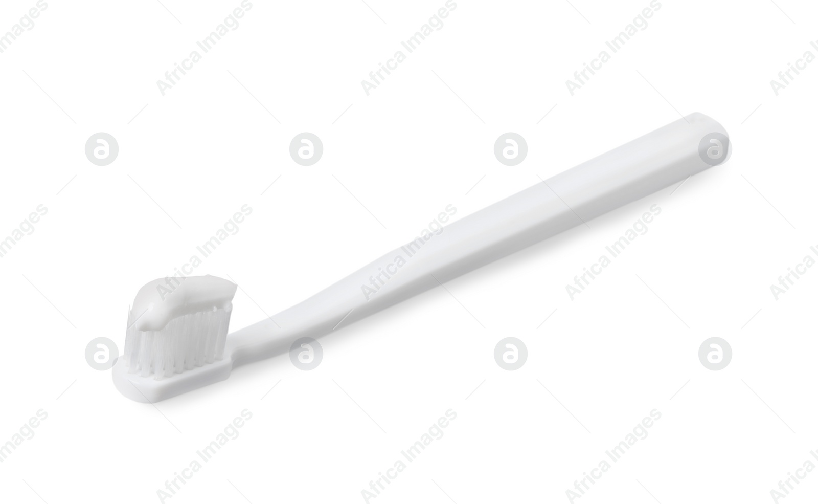 Photo of Plastic toothbrush with paste on grey background