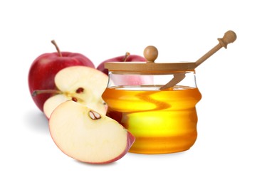 Image of Natural sweet honey and tasty fresh apples on white background