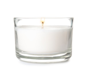 Photo of Burning candle in glass holder on white background