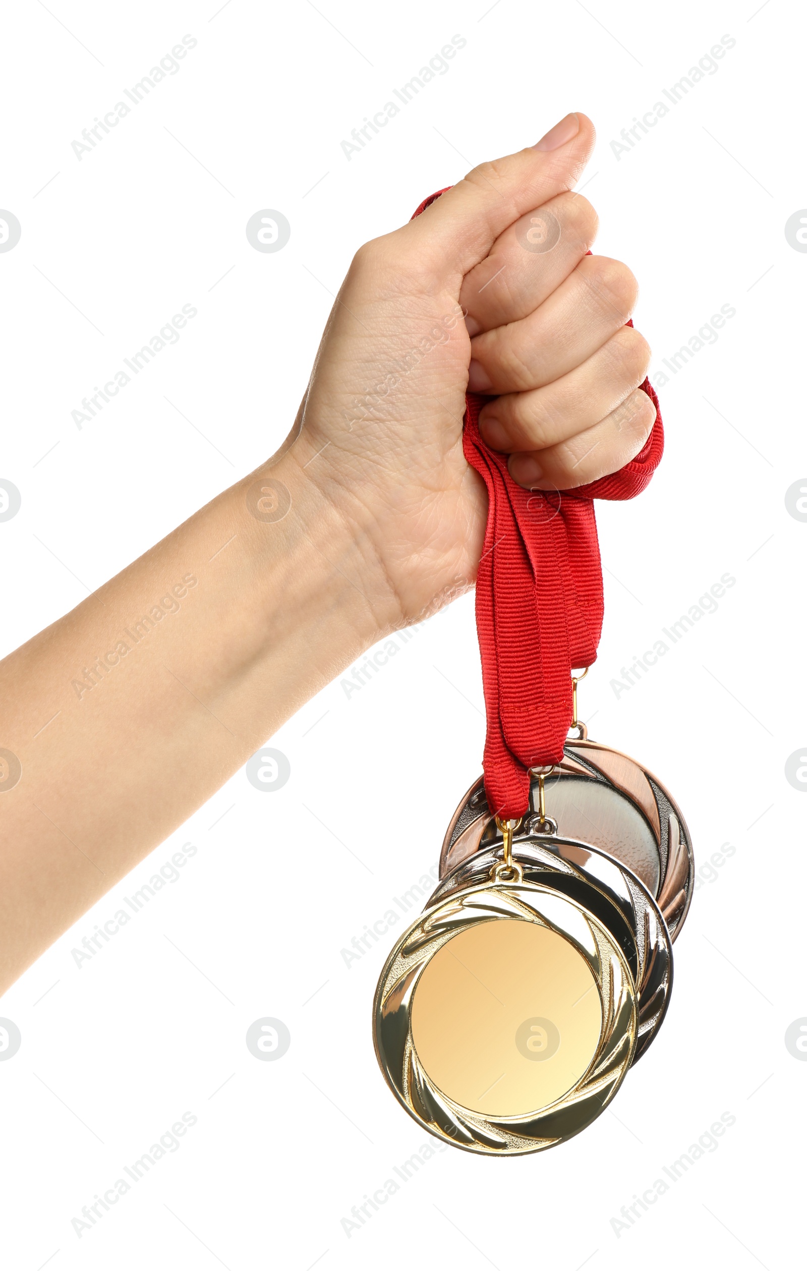 Photo of Woman holding medals on white background, closeup. Space for design