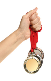 Photo of Woman holding medals on white background, closeup. Space for design