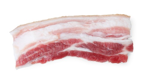 Photo of Piece of raw pork belly isolated on white, top view