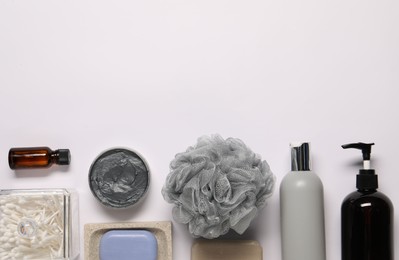 Photo of Bath accessories. Different personal care products on white background, flat lay with space for text
