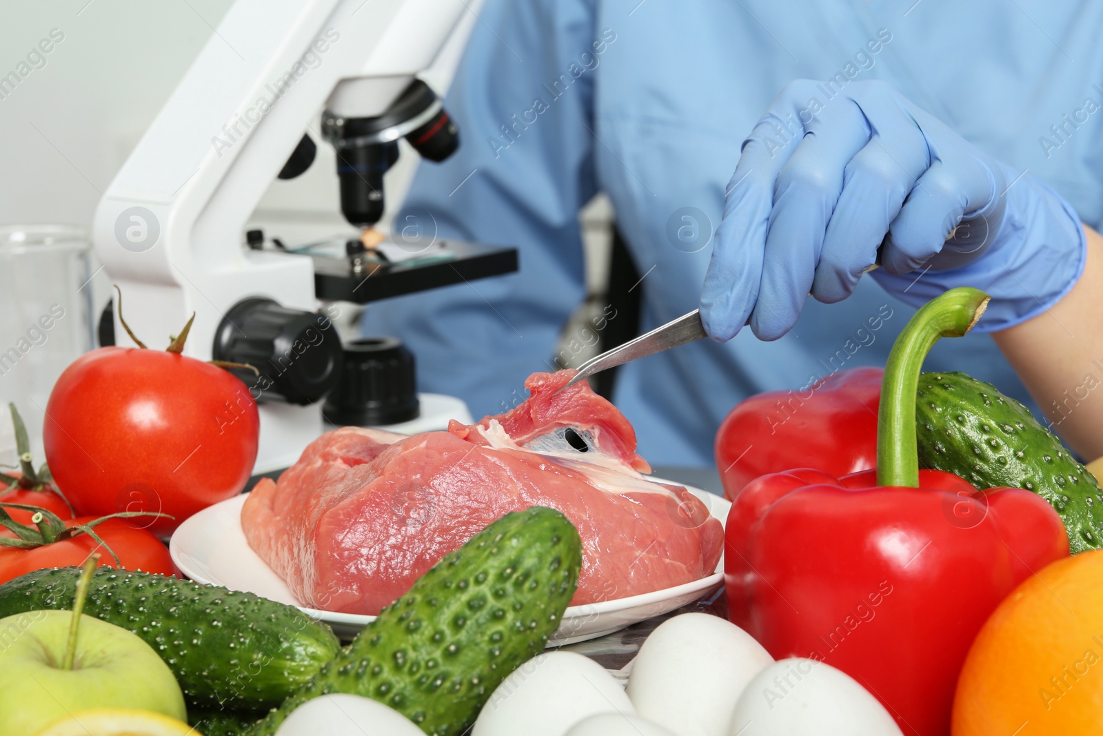 Photo of Scientist checking meat at table in laboratory, closeup. Quality control