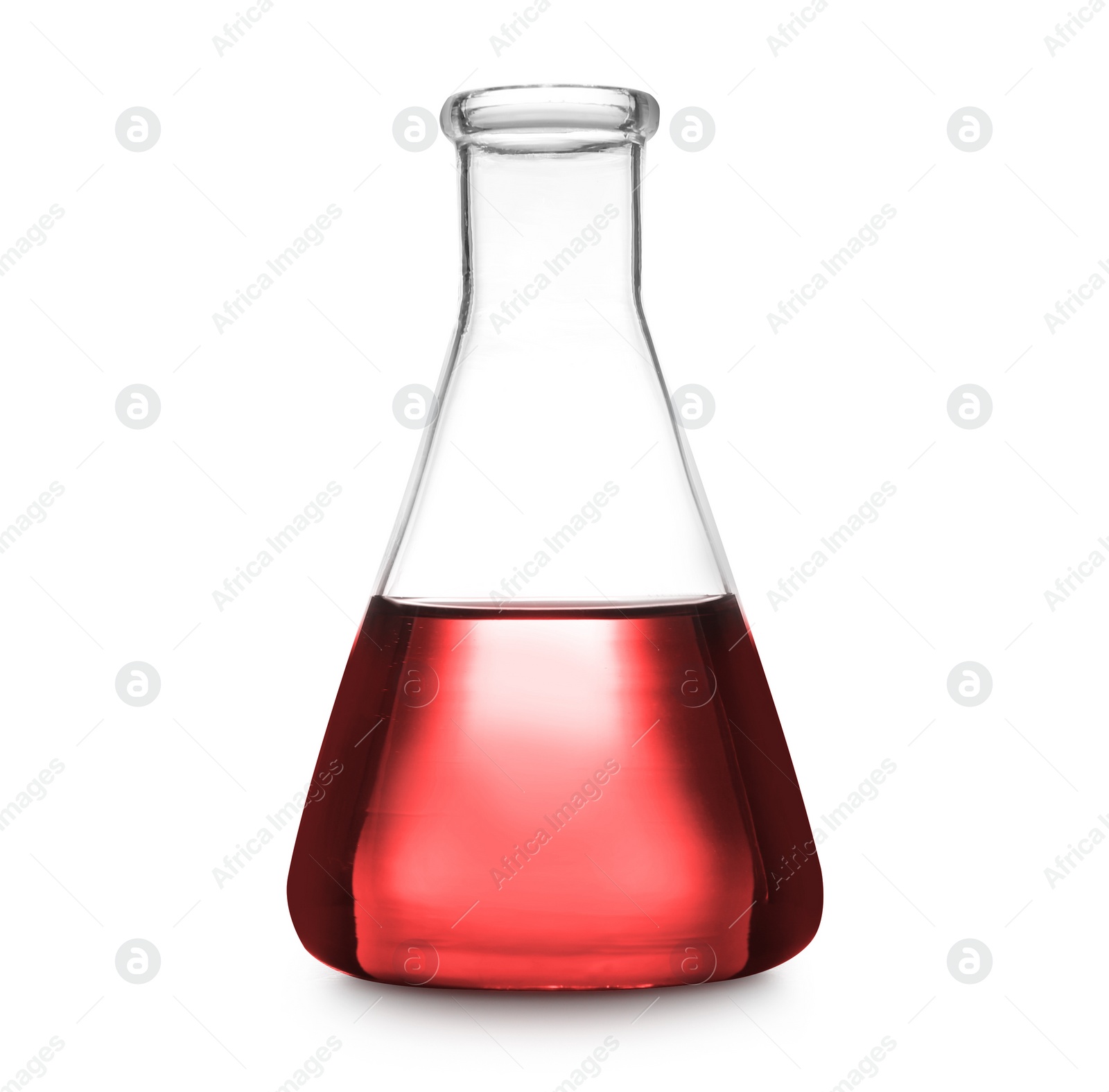 Image of Conical flask with red liquid isolated on white. Laboratory glassware