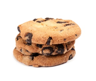 Delicious chocolate chip cookies on white background