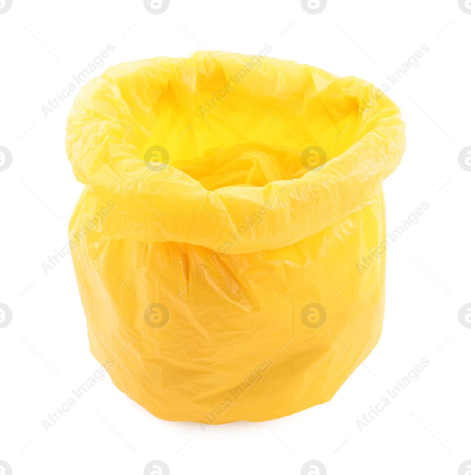 Photo of Yellow plastic garbage bag isolated on white