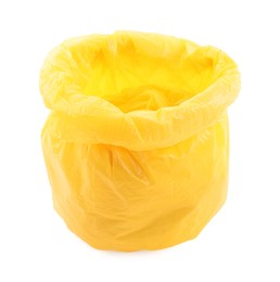 Photo of Yellow plastic garbage bag isolated on white